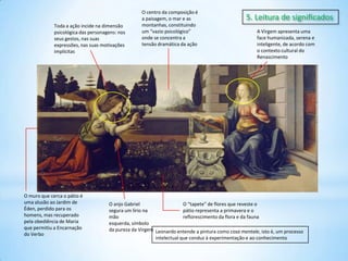 Toda a ação incide na dimensão
psicológica das personagens: nos
seus gestos, nas suas
expressões, nas suas motivações
implícitas

O muro que cerca o pátio é
uma alusão ao Jardim de
Éden, perdido para os
homens, mas recuperado
pela obediência de Maria
que permitiu a Encarnação
do Verbo

O centro da composição é
a paisagem, o mar e as
montanhas, constituindo
um “vazio psicológico”
onde se concentra a
tensão dramática da ação

5. Leitura de significados
A Virgem apresenta uma
face humanizada, serena e
inteligente, de acordo com
o contexto cultural do
Renascimento

O anjo Gabriel
O “tapete” de flores que reveste o
segura um lírio na
pátio representa a primavera e o
mão
reflorescimento da flora e da fauna
esquerda, símbolo
da pureza da Virgem Leonardo entende a pintura como cosa mentale, isto é, um processo
intelectual que conduz à experimentação e ao conhecimento

 