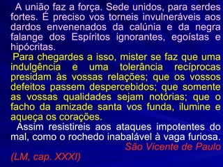 A união faz a força. Sede unidos, para serdes fortes. É preciso vos torneis invulneráveis aos dardos envenenados da calúnia e da negra falange dos Espíritos ignorantes, egoístas e hipócritas. Para chegardes a isso, mister se faz que uma indulgência e uma tolerância recíprocas presidam às vossas relações; que os vossos defeitos passem despercebidos; que somente as vossas qualidades sejam notórias; que o facho da amizade santa vos funda, ilumine e aqueça os corações.  Assim resistireis aos ataques impotentes do mal, como o rochedo inabalável à vaga furiosa.  São Vicente de Paulo (LM, cap. XXXI) 