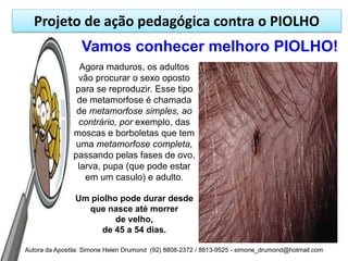 Projeto de ação pedagógica contra o PIOLHO
                  Vamos conhecer melhoro PIOLHO!
                 Agora maduros, os adultos
                vão procurar o sexo oposto
               para se reproduzir. Esse tipo
                de metamorfose é chamada
                de metamorfose simples, ao
                contrário, por exemplo, das
               moscas e borboletas que tem
                uma metamorfose completa,
               passando pelas fases de ovo,
                larva, pupa (que pode estar
                  em um casulo) e adulto.

                Um piolho pode durar desde
                  que nasce até morrer
                         de velho,
                      de 45 a 54 dias.

Autora da Apostila: Simone Helen Drumond (92) 8808-2372 / 8813-9525 - simone_drumond@hotmail.com
 