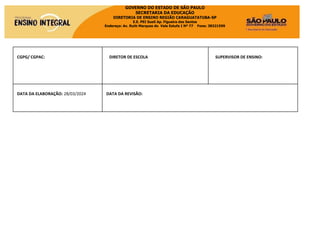 GOVERNO DO ESTADO DE SÃO PAULO
SECRETARIA DA EDUCAÇÃO
DIRETORIA DE ENSINO REGIÃO CARAGUATATUBA-SP
E.E. PEI Sueli Ap. Figueira dos Santos
Endereço: Av. Ruth Marques do Vale Estufa I Nº 77 Fone: 38321599
CGPG/ CGPAC: DIRETOR DE ESCOLA SUPERVISOR DE ENSINO:
DATA DA ELABORAÇÃO: 28/03/2024 DATA DA REVISÃO:
 