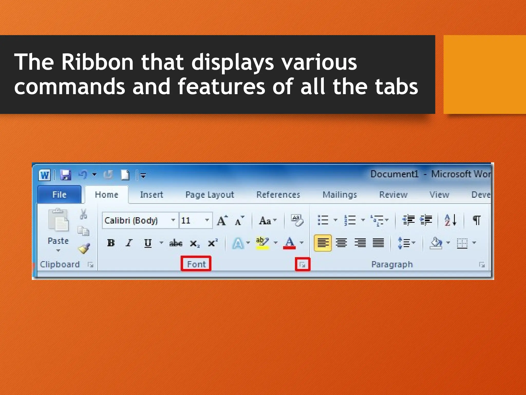 The Ribbon that displays various
commands and features of all the tabs
 
