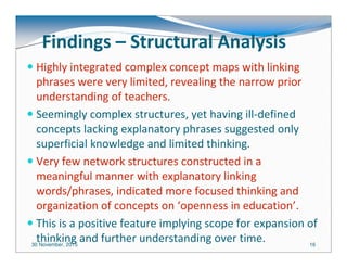 30 November, 2015 16
Findings – Structural Analysis
Highly integrated complex concept maps with linking
phrases were very limited, revealing the narrow prior
understanding of teachers.
Seemingly complex structures, yet having ill-defined
concepts lacking explanatory phrases suggested only
superficial knowledge and limited thinking.
Very few network structures constructed in a
meaningful manner with explanatory linking
words/phrases, indicated more focused thinking and
organization of concepts on ‘openness in education’.
This is a positive feature implying scope for expansion of
thinking and further understanding over time.
 