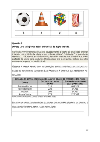 22
Questão 6
(MP19) Ler e interpretar dados em tabelas de dupla entrada
INSTRUÇÕES PARA O(A) PROFESSOR(A): leia pausadamente, o trecho do enunciado anterior
à tabela. Leia o título da tabela, e das colunas “cidade”, “distância...” e “população
estimada...”. Dê apenas essa informação, deixando a leitura dos números e a inter-
pretação da tabela para os alunos. Depois disso, leia a pergunta e solicite que eles
escrevam a resposta no local indicado.
OBSERVE A TABELA ABAIXO COM INFORMAÇÕES SOBRE A DISTÂNCIA DE ALGUMAS CI-
DADES DO INTERIOR DO ESTADO DE SÃO PAULO ATÉ A CAPITAL E SUA RESPECTIVA PO-
PULAÇÃO:
DISTÂNCIA DA CAPITAL E POPULAÇÃO DE ALGUMAS CIDADES DO INTERIOR DE SÃO PAULO
CIDADE
DISTÂNCIA DA CAPITAL
(EM KM)
POPULAÇÃO ESTIMADA EM
2015 (HABITANTES)
RIBEIRÃO PRETO 318 666.323
PORTO FERREIRA 228 54.761
PIEDADE 104 54.717
ARARAQUARA 279 226.508
FONTE: GOOGLE MAPS E IBGE CIDADES (ACESSO EM 25.ABR. 2016).
ESCREVA NA LINHA ABAIXO O NOME DA CIDADE QUE FICA MAIS DISTANTE DA CAPITAL, E
QUE AO MESMO TEMPO, TEM A MAIOR POPULAÇÃO:
_______________________________________________________________________________
 
