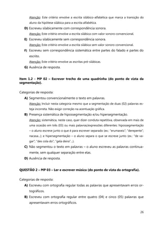 26
Atenção: Este critério envolve a escrita silábico-alfabética que marca a transição do
aluno da hipótese silábica para a escrita alfabética.
D) Escreveu silabicamente com correspondência sonora.
Atenção: Este critério envolve a escrita silábica com valor sonoro convencional.
E) Escreveu silabicamente sem correspondência sonora.
Atenção: Este critério envolve a escrita silábica sem valor sonoro convencional.
F) Escreveu sem correspondência sistemática entre partes do falado e partes do
escrito.
Atenção: Este critério envolve as escritas pré-silábicas.
G) Ausência de resposta.
Item 1.2 - MP 02 – Escrever trecho de uma quadrinha (do ponto de vista da
segmentação).
Categorias de resposta:
A) Segmentou convencionalmente o texto em palavras.
Atenção: Incluir nesta categoria mesmo que a segmentação de duas (02) palavras es-
teja incorreta. Não exigir correção na acentuação gráfica.
B) Presença sistemática de hipossegmentação e/ou hipersegmentação.
Atenção: sistemática, neste caso, quer dizer conduta repetitiva, observada em mais de
uma ocasião em três (03) ou mais palavras/expressões diferentes: hipossegmentação
– o aluno escreve junto o que é para escrever separado (ex.: “erumaveis”; “derepente”;
nacasa...); e hipersegmentação – o aluno separa o que se escreve junto (ex.: “de va-
gar”; “des cola do”; “gela deira”...).
C) Não segmentou o texto em palavras – o aluno escreveu as palavras continua-
mente, sem qualquer separação entre elas.
D) Ausência de resposta.
QUESTÃO 2 – MP 03 – Ler e escrever música (do ponto de vista da ortografia).
Categorias de resposta:
A) Escreveu com ortografia regular todas as palavras que apresentavam erros or-
tográficos.
B) Escreveu com ortografia regular entre quatro (04) e cinco (05) palavras que
apresentavam erros ortográficos.
 