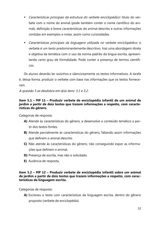 32
 Características principais da estrutura do verbete enciclopédico: título do ver-
bete com o nome do animal (pode também conter o nome científico do ani-
mal), definição e breve características do animal descrito e outras informações
contidas em exemplos e notas, assim como curiosidades.
 Características principais da linguagem utilizada no verbete enciclopédico: o
verbete é um texto predominantemente descritivo, traz uma abordagem direta
e objetiva da temática com o uso da norma padrão da língua escrita, apresen-
tando certo grau de formalidade. Pode conter a presença de termos científi-
cos.
Os alunos deverão ler sozinhos e silenciosamente os textos informativos. A tarefa
é, dessa forma, produzir o verbete com base nas informações que os textos fornece-
ram.
A questão 5 se desdobra em dois itens: 5.1 e 5.2.
Item 5.1 – MP 11 – Produzir verbete de enciclopédia infantil de um animal de
jardim a partir de dois textos que trazem informações a respeito, com caracte-
rísticas do gênero.
Categorias de resposta:
A) Atende às características do gênero, e desenvolve o conteúdo temático a par-
tir dos textos fontes.
B) Atende parcialmente às características do gênero, faltando assim informações
que definem o animal descrito.
C) Não atende às características do gênero, não conseguindo expor as informa-
ções que definem o animal.
D) Presença de escrita, mas não o solicitado.
E) Ausência de resposta.
Item 5.2 – MP 12 – Produzir verbete de enciclopédia infantil sobre um animal
de jardim a partir de dois textos que trazem informações a respeito, com carac-
terísticas da linguagem escrita.
Categorias de resposta:
A) Escreveu o texto com características da linguagem escrita, dentro do gênero
proposto (verbete de enciclopédia).
 