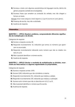 33
B) Escreveu o texto com algumas características da linguagem escrita, dentro do
gênero proposto (verbete de enciclopédia).
C) Escreveu frases que remetem ao conteúdo do verbete, mas não chegam a
formar um texto.
Atenção: Incluir nesta categoria o texto ilegível ou o que foi escrito em outro gênero.
D) Presença de escrita, mas não a solicitada.
E) Ausência de resposta.
Matemática
QUESTÃO 1 – (MP11) Resolver problema, compreendendo diferentes significa-
dos da multiplicação e da divisão.
Categorias de resposta:
A) Escreve a resposta correta: 40.
B) Responde incorretamente: 32, indicando que somou os números que apare-
cem no enunciado.
C) Responde incorretamente indicando outro número que não os citados nos
itens A ou B.
D) Não é possível identificar o número escrito.
E) Ausência de resposta.
QUESTÃO 2 – (MP12) Calcular o resultado de multiplicações ou divisões, recor-
rendo aos fatos básicos e a algumas regularidades ou propriedades.
Categorias de resposta:
A) Escreve a resposta correta: 1470.
B) Escreve 1240, indicando que não considerou a reserva.
C) Responde incorretamente 251, indicando que realizou a adição.
D) Responde incorretamente 239, indicando que realizou a subtração.
E) Escreve outro número que não os descritos em A, B, C ou D.
F) Não é possível identificar o número que foi escrito.
G) Ausência de resposta.
 