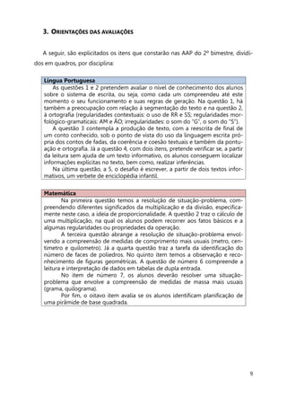 9
3. ORIENTAÇÕES DAS AVALIAÇÕES
A seguir, são explicitados os itens que constarão nas AAP do 2º bimestre, dividi-
dos em quadros, por disciplina:
Língua Portuguesa
As questões 1 e 2 pretendem avaliar o nível de conhecimento dos alunos
sobre o sistema de escrita, ou seja, como cada um compreendeu até este
momento o seu funcionamento e suas regras de geração. Na questão 1, há
também a preocupação com relação à segmentação do texto e na questão 2,
à ortografia (regularidades contextuais: o uso de RR e SS; regularidades mor-
fológico-gramaticais: AM e ÃO; irregularidades: o som do “G”, o som do “S”).
A questão 3 contempla a produção de texto, com a reescrita de final de
um conto conhecido, sob o ponto de vista do uso da linguagem escrita pró-
pria dos contos de fadas, da coerência e coesão textuais e também da pontu-
ação e ortografia. Já a questão 4, com dois itens, pretende verificar se, a partir
da leitura sem ajuda de um texto informativo, os alunos conseguem localizar
informações explícitas no texto, bem como, realizar inferências.
Na última questão, a 5, o desafio é escrever, a partir de dois textos infor-
mativos, um verbete de enciclopédia infantil.
Matemática
Na primeira questão temos a resolução de situação-problema, com-
preendendo diferentes significados da multiplicação e da divisão, especifica-
mente neste caso, a ideia de proporcionalidade. A questão 2 traz o cálculo de
uma multiplicação, na qual os alunos podem recorrer aos fatos básicos e a
algumas regularidades ou propriedades da operação.
A terceira questão abrange a resolução de situação-problema envol-
vendo a compreensão de medidas de comprimento mais usuais (metro, cen-
tímetro e quilometro). Já a quarta questão traz a tarefa da identificação do
número de faces de poliedros. No quinto item temos a observação e reco-
nhecimento de figuras geométricas. A questão de número 6 compreende a
leitura e interpretação de dados em tabelas de dupla entrada.
No item de número 7, os alunos deverão resolver uma situação-
problema que envolve a compreensão de medidas de massa mais usuais
(grama, quilograma).
Por fim, o oitavo item avalia se os alunos identificam planificação de
uma pirâmide de base quadrada.
 