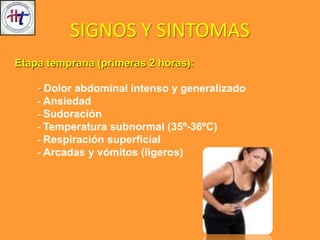 SIGNOS Y SINTOMAS
Etapa temprana (primeras 2 horas):
- Dolor abdominal intenso y generalizado
- Ansiedad
- Sudoración
- Temperatura subnormal (35º-36ºC)
- Respiración superficial
- Arcadas y vómitos (ligeros)
 