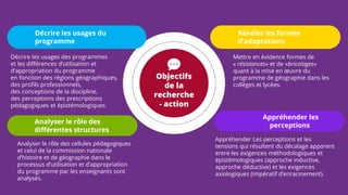 Objectifs
de la
recherche
- action
Décrire les usages des programmes
et les différences d’utilisation et
d’appropriation d...