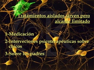 Tratamientos aislados sirven pero alcance limitado 1-Medicación 2-Interveciones psicoterapéuticas sobre chicos 3-Sobre los padres  