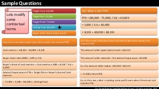 By: Anand Bobade (nmbobade@gmail.com) All rights reserved, 2015
Sample Questions
Target Cost: 60,000
Target Fee: 15,000
Target Price: 75,000
Ceiling Price: 80,000
Buyer-Seller Share Ratio: 60:40
Q1) What is the PTA?
PTA = (80,000 - 75,000) / 0.6 + 60,000
= 5,000 / 0.6 + 60,000
= 8,333 + 60,000 = 68,333
Q2) How much does buyer pay when actual cost reaches PTA?
Cost overrun = 68,333 - 60,000 = 8,333
Buyer share ratio (BSR) = 60% or 0.6
Buyer's share of cost overrun = Cost overrun x BSR = 8,333 * 0.6 =
5,000
Amount buyer pays at PTA = Target Price + Buyer's share of cost
overrun
= 75,000 + 5,000 = 80,000 (= Ceiling Price)
Q3) How much profit/loss does the seller make when actual cost
reaches PTA?
The amount seller spent (actual cost) = 68,333
The amount seller received = the amount buyer pays = 80,000
So, the amount seller makes = 80,000 - 68,333
= 11,666 (net profit).
So, in this case, seller is making some profit even when the actual cost
reaches PTA.
Lets modify
some
contractual
terms
 