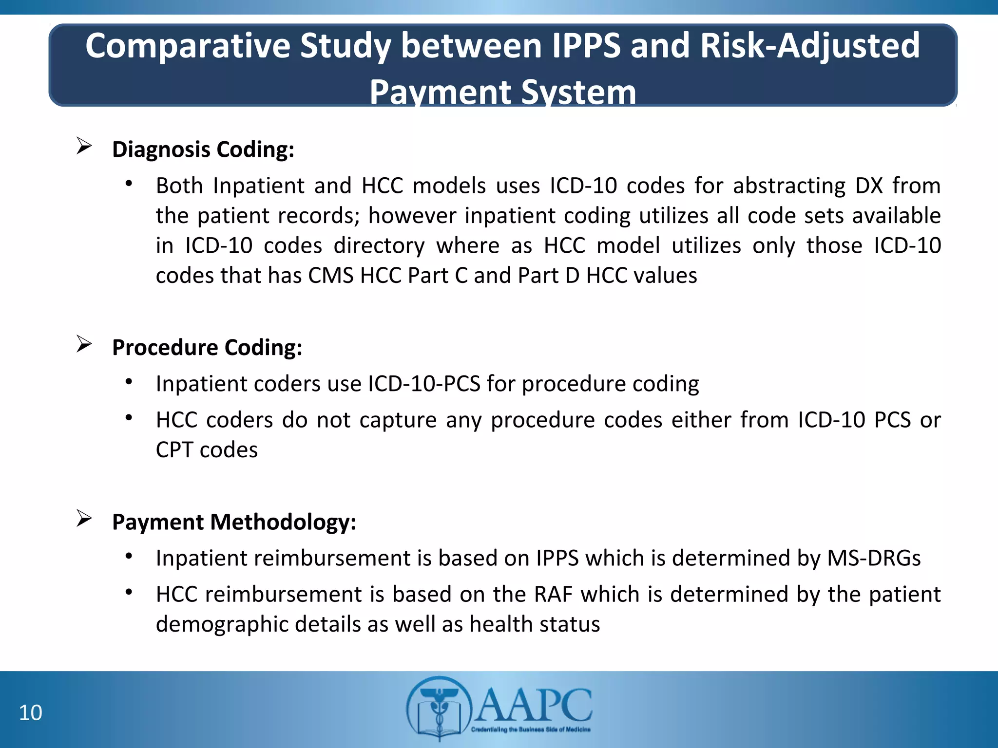 Comparative Study between IPPS and Risk-Adjusted
Payment System
 Diagnosis Coding:
• Both Inpatient and HCC models uses ICD-10 codes for abstracting DX from
the patient records; however inpatient coding utilizes all code sets available
in ICD-10 codes directory where as HCC model utilizes only those ICD-10
codes that has CMS HCC Part C and Part D HCC values
 Procedure Coding:
• Inpatient coders use ICD-10-PCS for procedure coding
• HCC coders do not capture any procedure codes either from ICD-10 PCS or
CPT codes
 Payment Methodology:
• Inpatient reimbursement is based on IPPS which is determined by MS-DRGs
• HCC reimbursement is based on the RAF which is determined by the patient
demographic details as well as health status
10
 