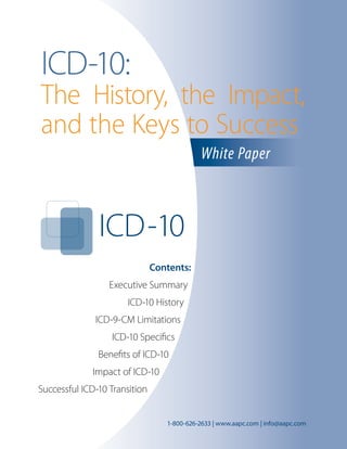 Contents:
	 Executive Summary
	 ICD-10 History
	 ICD-9-CM Limitations
	 ICD-10 Specifics
	 Benefits of ICD-10
	 Impact of ICD-10
Successful ICD-10 Transition
ICD-10:
The History, the Impact,
and the Keys to Success
White Paper
1-800-626-2633 | www.aapc.com | info@aapc.com
 