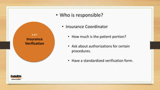 2 of 7
Insurance
Verification
• Who is responsible?
• Insurance Coordinator
• How much is the patient portion?
• Ask about authorizations for certain
procedures.
• Have a standardized verification form.
 