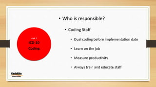 4 of 7
ICD-10
Coding
• Who is responsible?
• Coding Staff
• Dual coding before implementation date
• Learn on the job
• Measure productivity
• Always train and educate staff
 