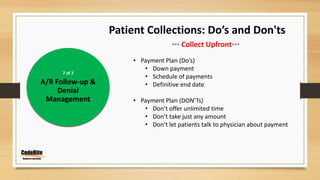 7 of 7
A/R Follow-up &
Denial
Management
Patient Collections: Do’s and Don'ts
*** Collect Upfront***
• Payment Plan (Do’s)
• Down payment
• Schedule of payments
• Definitive end date
• Payment Plan (DON’Ts)
• Don’t offer unlimited time
• Don’t take just any amount
• Don’t let patients talk to physician about payment
 