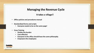 Managing the Revenue Cycle
It takes a village!!
• Office policies and procedures manual
• Standardized forms and scripts
• Everyone needs to be on the same page!
• Cross Training
• Divides the burden
• Cost-effective
• Everyone in the office should have the same philosophy
• Empowers the employees
 