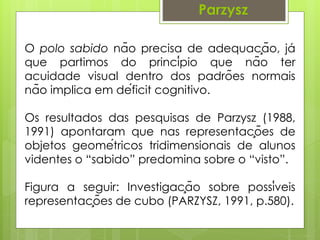 Parzysz
O polo sabido não precisa de adequação, já
que partimos do princípio que não ter
acuidade visual dentro dos padrões normais
não implica em déficit cognitivo.
Os resultados das pesquisas de Parzysz (1988,
1991) apontaram que nas representações de
objetos geométricos tridimensionais de alunos
videntes o “sabido” predomina sobre o “visto”.
Figura a seguir: Investigação sobre possíveis
representações de cubo (PARZYSZ, 1991, p.580).
 