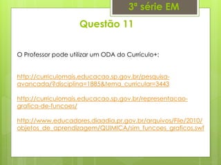 Questão 11
3ª série EM
O Professor pode utilizar um ODA do Currículo+:
http://curriculomais.educacao.sp.gov.br/pesquisa-
avancada/?disciplina=1885&tema_curricular=3443
http://curriculomais.educacao.sp.gov.br/representacao-
grafica-de-funcoes/
http://www.educadores.diaadia.pr.gov.br/arquivos/File/2010/
objetos_de_aprendizagem/QUIMICA/sim_funcoes_graficos.swf
 