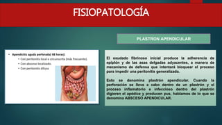 FISIOPATOLOGÍA
El exudado fibrinoso inicial produce la adherencia de
epiplón y de las asas delgadas adyacentes, a manera de
mecanismo de defensa que intentará bloquear el proceso
para impedir una peritonitis generalizada.
Esto se denomina plastrón apendicular. Cuando la
perforación se lleva a cabo dentro de un plastrón y el
proceso inflamatorio e infeccioso dentro del plastrón
digieren el apédice y producen pus, hablamos de lo que se
denomina ABSCESO APENDICULAR.
PLASTRON APENDICULAR
 