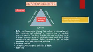 3)Fiebre
Triada de
Murphy
Síntomas:
 Dolor: moderadamente intenso, habitualmente meso-epigastrio
(por distensión del apéndice) al comienzo que se traslada
posteriormente a fosa iliaca derecha (4-6 Hrs, por irritación de
la pared peritoneo parietal), pudiendo variar según localización
topográfica del apéndice. Dolor diseminado por irritación
peritoneal por la perforación del apéndice.
 Nauseas, vomitos
 Anorexia (95% pacientes antecede al dolor)
 Febrícula
A.Retrocecal: Dolor en flanco o dorso.
A.Pelvico: dolor suprapúbico.
A.Retroileal: Dolor testicular.
 