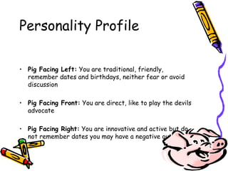 Personality Profile Pig Facing Left:  You are traditional, friendly, remember dates and birthdays, neither fear or avoid discussion Pig Facing Front:  You are direct, like to play the devils advocate Pig Facing Right:  You are innovative and active but do not remember dates you may have a negative outlook 
