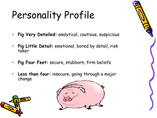 Personality Profile Pig Very Detailed:  analytical, cautious, suspicious Pig Little Detail:  emotional, bored by detail, risk taker Pig Four Feet:  secure, stubborn, firm beliefs Less than four:  insecure, going through a major change 