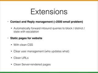 Extensions
•

Contact and Reply management (~2500 email problem)!
•

•

Automatically forward inbound queries to block / district /
state with escalation

Static pages for website!
•

With clean CSS

•

Clear user management (who updates what)

•

Clean URLs

•

Clean Server-rendered pages

 
