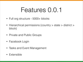 Features 0.0.1
•

Full org structure - 5000+ blocks

•

Hierarchical permissions (country > state > district >
block)

•

Private and Public Groups

•

Facebook Login

•

Tasks and Event Management

•

Extensible

 