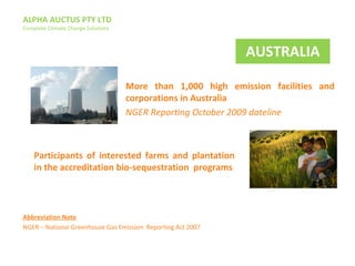 ALPHA AUCTUS PTY LTD
Complete Climate Change Solutions
More than 1,000 high emission facilities and
corporations in Australia
NGER Reporting October 2009 dateline
Participants of interested farms and plantation
in the accreditation bio-sequestration programs
AUSTRALIA
Abbreviation Note
NGER – National Greenhouse Gas Emission Reporting Act 2007
 