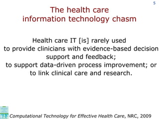The health care information technology chasm<br /> Health care IT [is] rarely used to provide clinicians with evidence-bas...