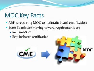 MOC Key Facts
 ABP is requiring MOC to maintain board certification
 State Boards are moving toward requirements to:
 Require MOC
 Require board certification

MOC

 