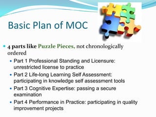 Basic Plan of MOC
 4 parts like Puzzle Pieces, not chronologically

ordered
 Part 1 Professional Standing and Licensure:

unrestricted license to practice
 Part 2 Life-long Learning Self Assessment:
participating in knowledge self assessment tools
 Part 3 Cognitive Expertise: passing a secure
examination
 Part 4 Performance in Practice: participating in quality
improvement projects

 