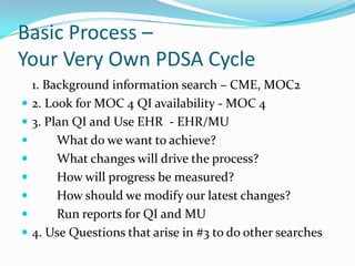 Basic Process –
Your Very Own PDSA Cycle











1. Background information search – CME, MOC2
2. Look for MOC 4 QI availability - MOC 4
3. Plan QI and Use EHR - EHR/MU
What do we want to achieve?
What changes will drive the process?
How will progress be measured?
How should we modify our latest changes?
Run reports for QI and MU
4. Use Questions that arise in #3 to do other searches

 
