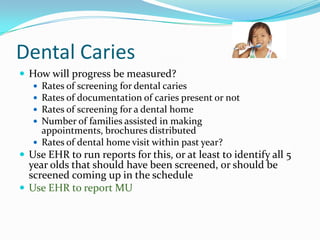 Dental Caries
 How will progress be measured?
 Rates of screening for dental caries
 Rates of documentation of caries present or not
 Rates of screening for a dental home
 Number of families assisted in making
appointments, brochures distributed
 Rates of dental home visit within past year?
 Use EHR to run reports for this, or at least to identify all 5

year olds that should have been screened, or should be
screened coming up in the schedule
 Use EHR to report MU

 