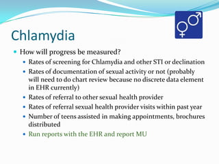 Chlamydia
 How will progress be measured?
 Rates of screening for Chlamydia and other STI or declination
 Rates of documentation of sexual activity or not (probably
will need to do chart review because no discrete data element
in EHR currently)
 Rates of referral to other sexual health provider
 Rates of referral sexual health provider visits within past year
 Number of teens assisted in making appointments, brochures
distributed
 Run reports with the EHR and report MU

 