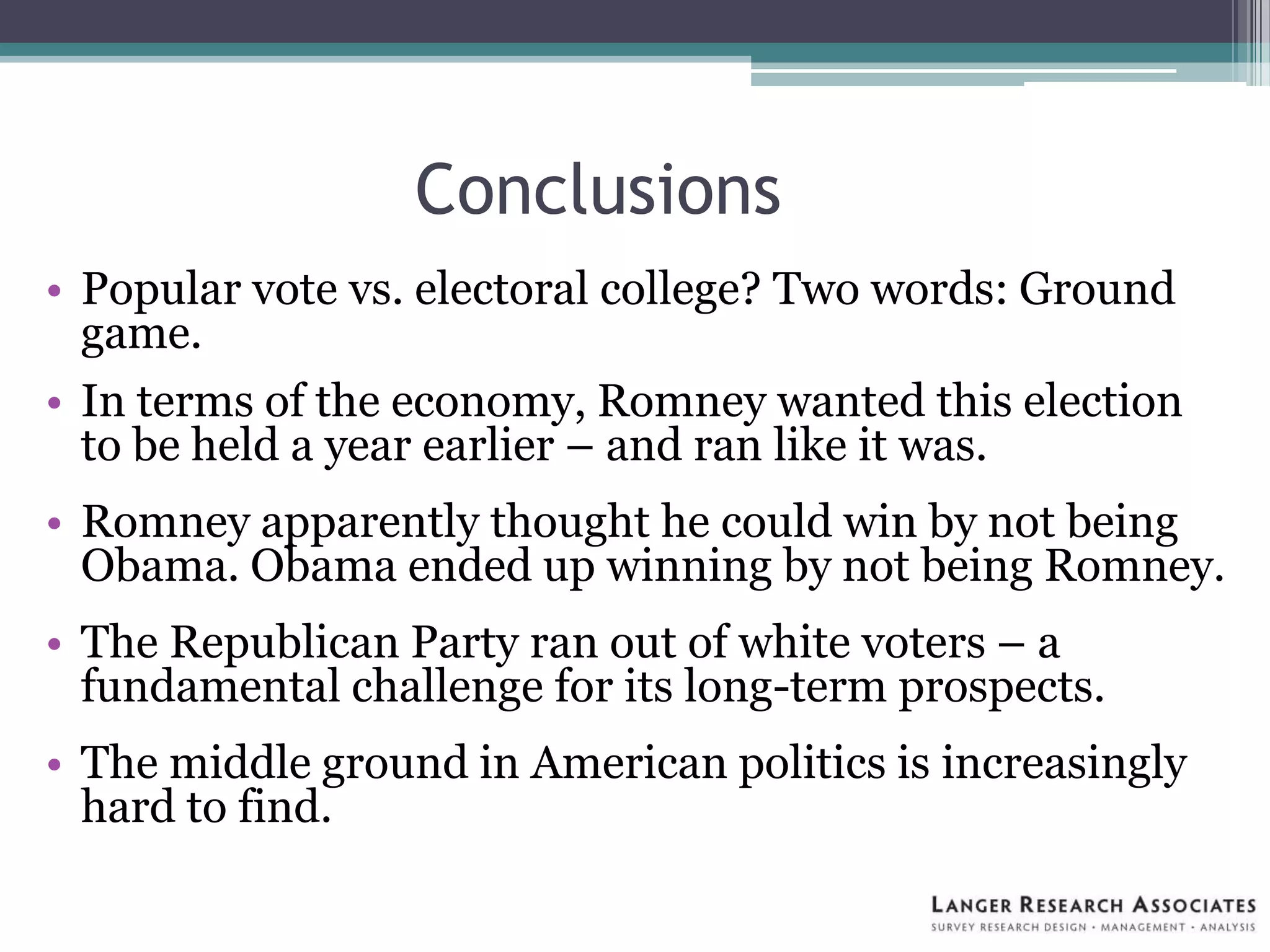 Conclusions
• Popular vote vs. electoral college? Two words: Ground
game.
• In terms of the economy, Romney wanted this election
to be held a year earlier – and ran like it was.
• Romney apparently thought he could win by not being
Obama. Obama ended up winning by not being Romney.
• The Republican Party ran out of white voters – a
fundamental challenge for its long-term prospects.
• The middle ground in American politics is increasingly
hard to find.
 
