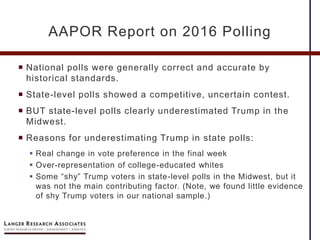  National polls were generally correct and accurate by
historical standards.
 State-level polls showed a competitive, uncertain contest.
 BUT state-level polls clearly underestimated Trump in the
Midwest.
 Reasons for underestimating Trump in state polls:
 Real change in vote preference in the final week
 Over-representation of college-educated whites
 Some “shy” Trump voters in state-level polls in the Midwest, but it
was not the main contributing factor. (Note, we found little evidence
of shy Trump voters in our national sample.)
AAPOR Report on 2016 Polling
 