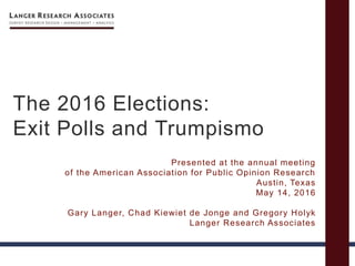 The 2016 Elections:
Exit Polls and Trumpismo
Presented at the annual meeting
of the American Association for Public Opinion Research
Austin, Texas
May 14, 2016
Gary Langer, Chad Kiewiet de Jonge and Gregory Holyk
Langer Research Associates
 