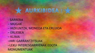 − SARRERA
− MUGAK
− HIZKUNTZA, MONEDA ETA ERLIJIOA
− ERLIEBEA
− KLIMA
−HIRI GARRANTZITSUAK
−LEKU INTERESGARRIENAK EDOTA
MONUMENTUAK
 