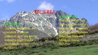 ERLIEBEA:
OROGRAFIA:
Zonalde menditsua da,
mendirik altuenak
sudeteak dira. eta bertan
kokatuta dago Snezka
herrialdeko tontor
handiena.
HIDROGRAFIA:
Txekiako ibaiak hiru
itsaso desberdinetara
isurtzen dira: Elba eta
Moldava Ipar Itsasora
Oder Baltikora eta
Moldava Itsaso
Beltzera.
 