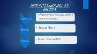HIZKUNTZA,MONEDA ETA
ERLIJIOA.
HIZKUNTZA
• Alaemaniera, frantzesa, italiera
eta erromantzea.
MONED
• Suitzar libera
ERLIJIOA
• Kristau protestanteak.
 