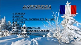 -1.SARRERA
-2.MUGAK
-3.HIZKUNTZA, MONEDA ETA ERLIJIOA
-4.ERLIEBEA
-5.KLIMA
-6.HIRI GARRANTZITSUAK
-7.LEKU INTERESGARRIENAK EDO
MONUMENTUAK
 