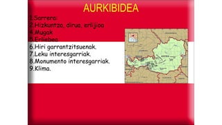 AURKIBIDEA
1.Sarrera:
2.Hizkuntza, dirua, erlijioa
4.Mugak
5.Erliebea
6.Hiri garrantzitsuenak.
7.Leku interesgarriak.
8.Monumento interesgarriak.
9.Klima.
 