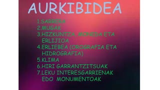 AURKIBIDEA
1.SARRERA
2.MUGAK
3.HIZKUNTZA, MONEDA ETA
ERLIJIOA
4.ERLIEBEA (OROGRAFIA ETA
HIDROGRAFIA)
5.KLIMA
6.HIRI GARRANTZITSUAK
7.LEKU INTERESGARRIENAK
EDO MONUMENTOAK
 
