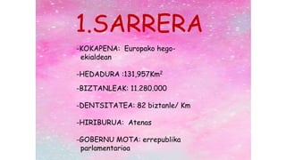 1.SARRERA
-KOKAPENA: Europako hego-
ekialdean
-HEDADURA :131,957Km2
-BIZTANLEAK: 11.280.000
-DENTSITATEA: 82 biztanle/ Km
-HIRIBURUA: Atenas
-GOBERNU MOTA: errepublika
parlamentarioa
 