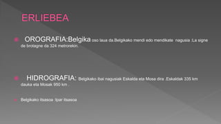  OROGRAFIA:Belgika oso laua da.Belgikako mendi edo mendikate nagusia :La signe
de brotagne da 324 metrorekin.
 HIDROGRAFIA: Belgikako ibai nagusiak Eskalda eta Mosa dira .Eskaldak 335 km
dauka eta Mosak 950 km .
 Belgikako itsasoa :Ipar itsasoa
 