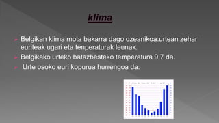  Belgikan klima mota bakarra dago ozeanikoa:urtean zehar
euriteak ugari eta tenperaturak leunak.
 Belgikako urteko batazbesteko temperatura 9,7 da.
 Urte osoko euri kopurua hurrengoa da:
 