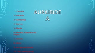 ´1.-Portada
2.-Finlandia
3.-Aurkibidea
4.-Sarrera
5.-Mugak
6.-Moneda, hizkuntza eta
erlijioa
7.-Erliebea
8.-Klima
9.-Hiri garrantzittsuak
10.-Toki interesgarriak
 
