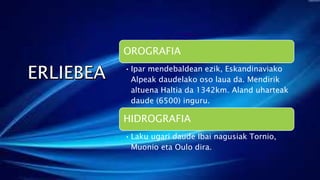 OROGRAFIA
•Ipar mendebaldean ezik, Eskandinaviako
Alpeak daudelako oso laua da. Mendirik
altuena Haltia da 1342km. Aland uharteak
daude (6500) inguru.
HIDROGRAFIA
•Laku ugari daude Ibai nagusiak Tornio,
Muonio eta Oulo dira.
 